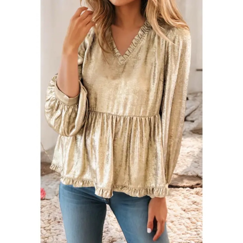 New- Metallic Frilled V-Neck Puff Sleeve Babydoll Gold Women’s Blouse- M or L